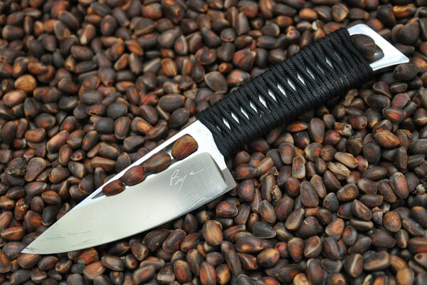 A knife with a braided handle on a background of nuts