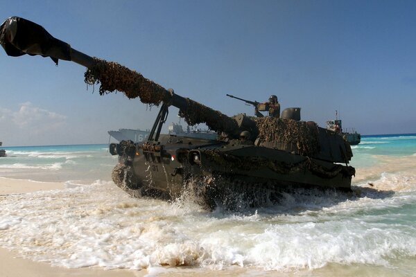 Landing boat and cannon in the ocean