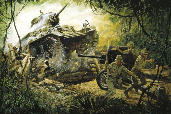 The Japanese are at war among the thickets with a tank and a cannon