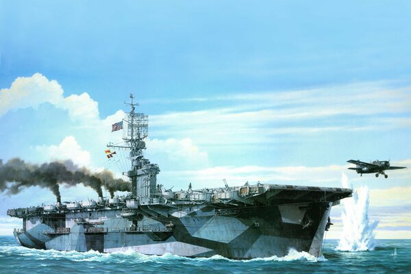 Aircraft carrier USS Gambier Bay floating on the sea and flying plane