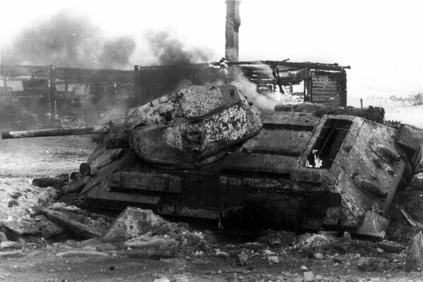 Burning T-34 tank during the war