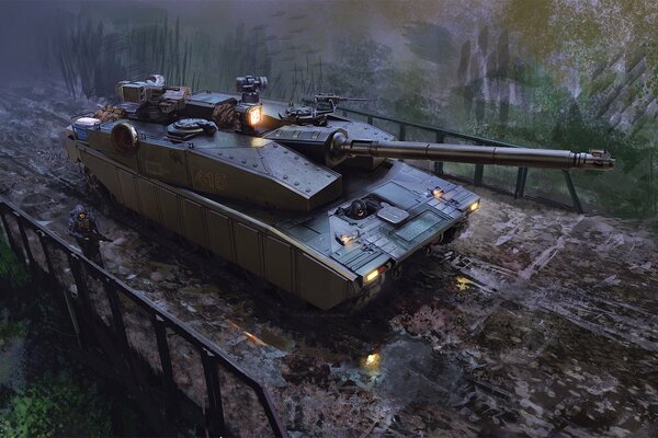 A tank driving over a bridge and a soldier walking next to it with a machine gun