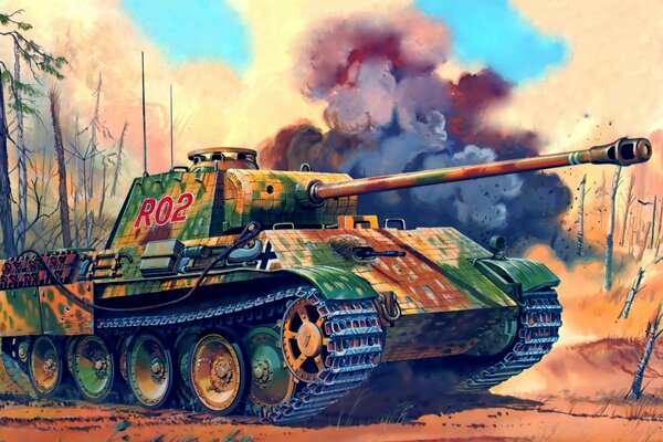 Drawing of a tank on the background of an explosion