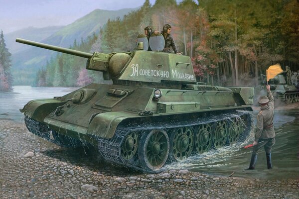 Dibujo de un tanque soviético en el fondo del bosque