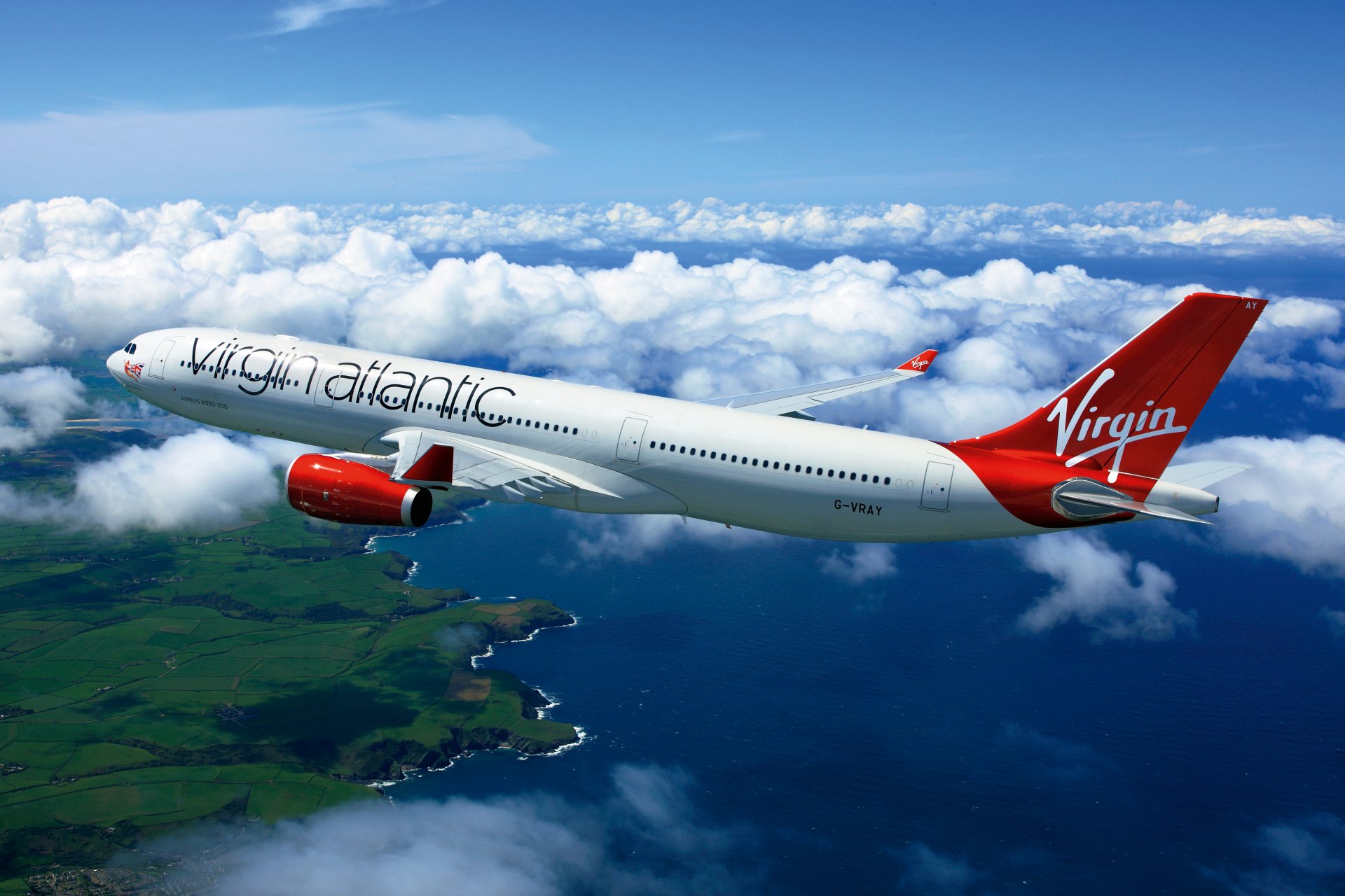 virgin atlantic airbus a-330 height clouds sea beach land ocean