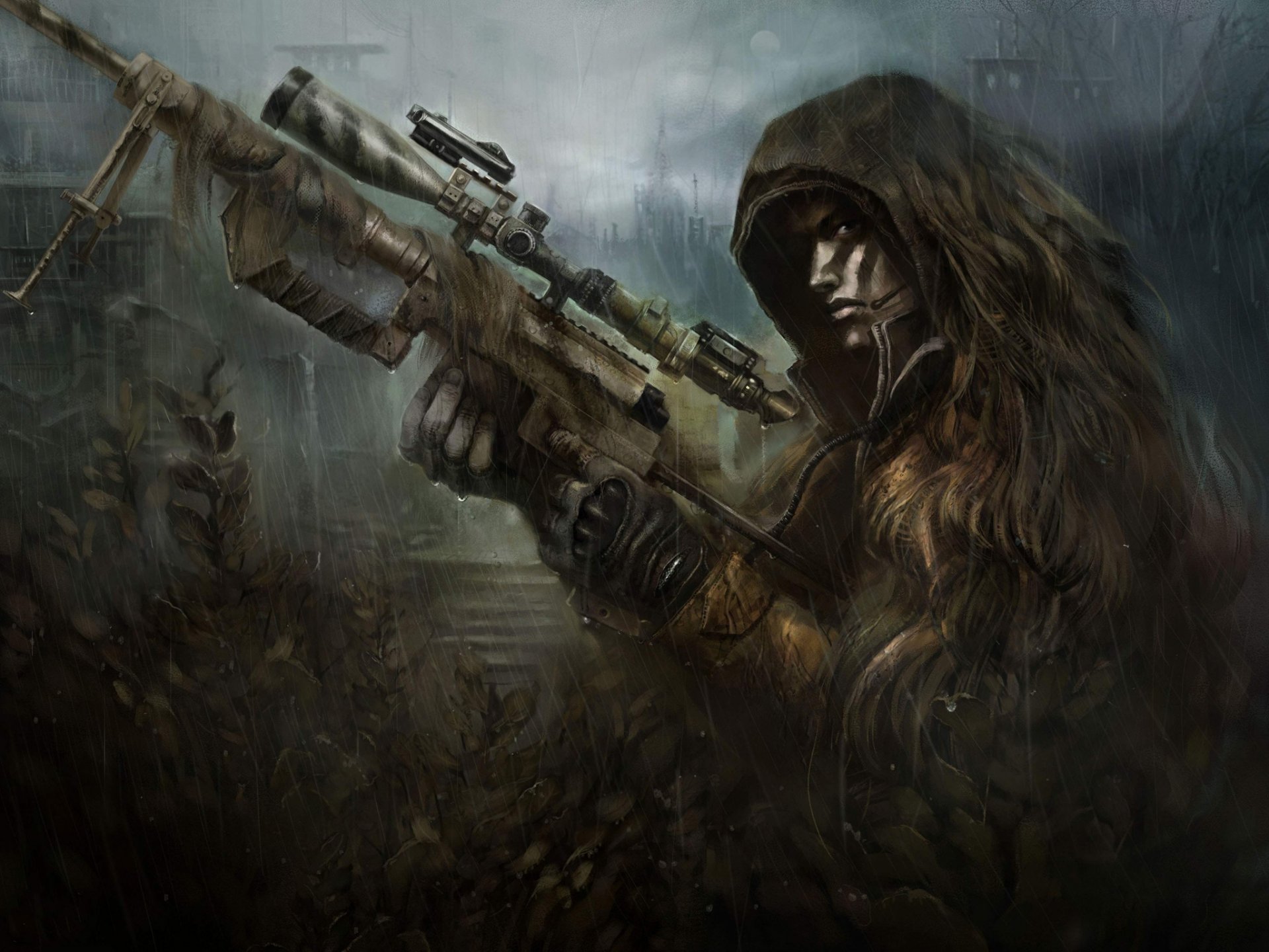 men sniper rifle weapon ambush camouflage rain