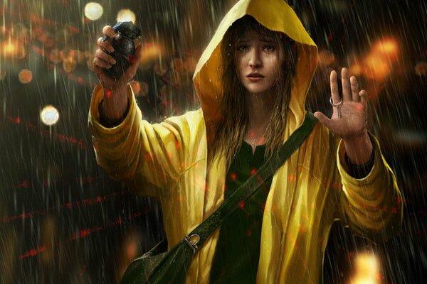 A girl in a yellow raincoat with a grenade in her hand