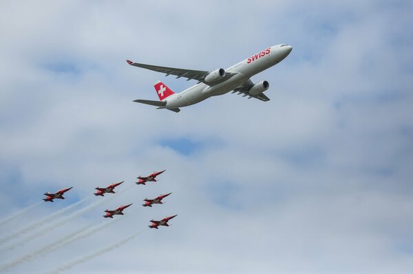 A parade of Swiss planes in the sky