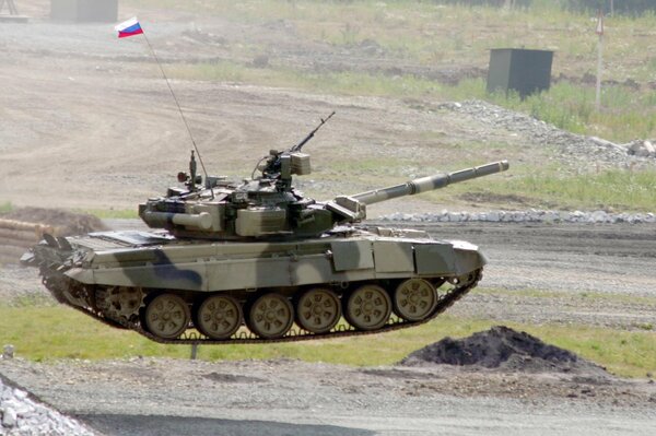 The T-90 tank is in flight. Flag of Russia