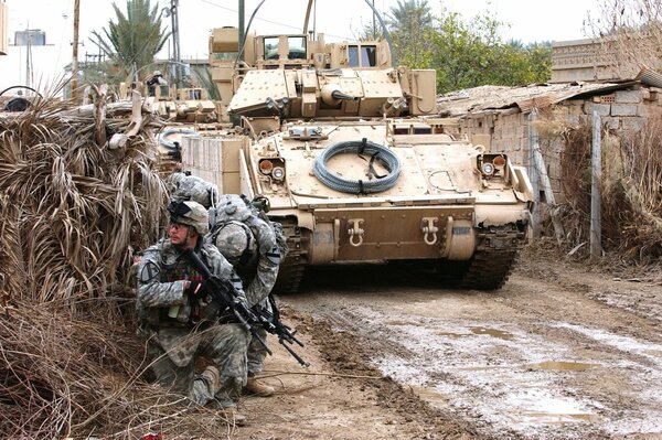 An American tank. Soldiers at war