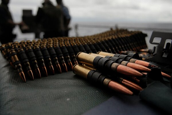 Cartridge belts are stacked in rows