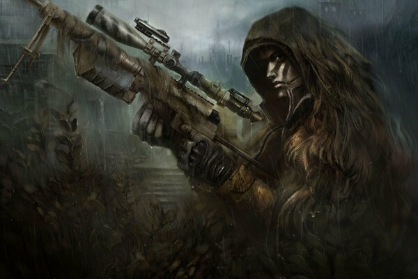 Sniper with a rifle in ambush in the rain