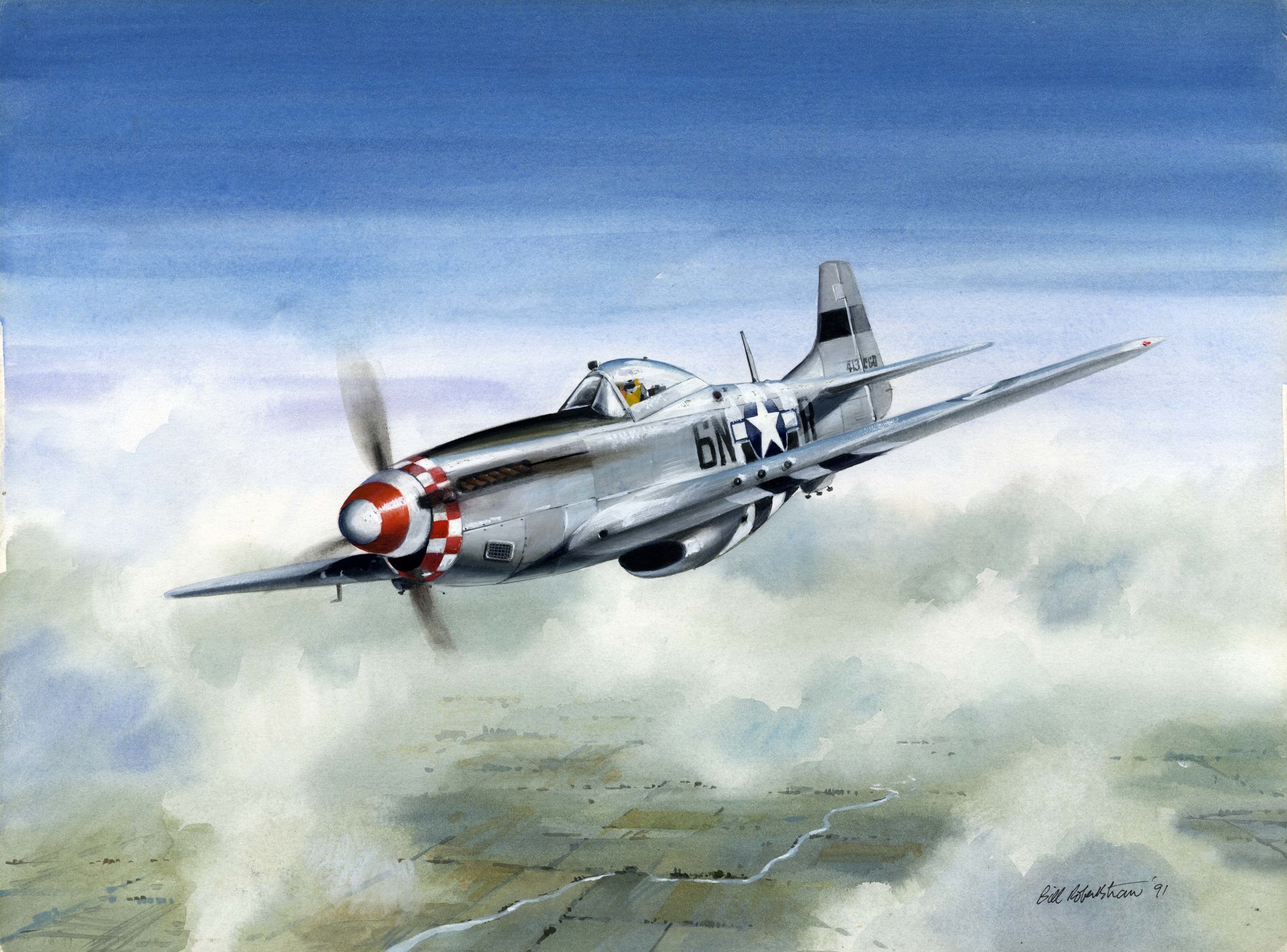 flugzeug kämpfer nordamerika p51 mustang höhe fliegen wolken kunst zeichnung