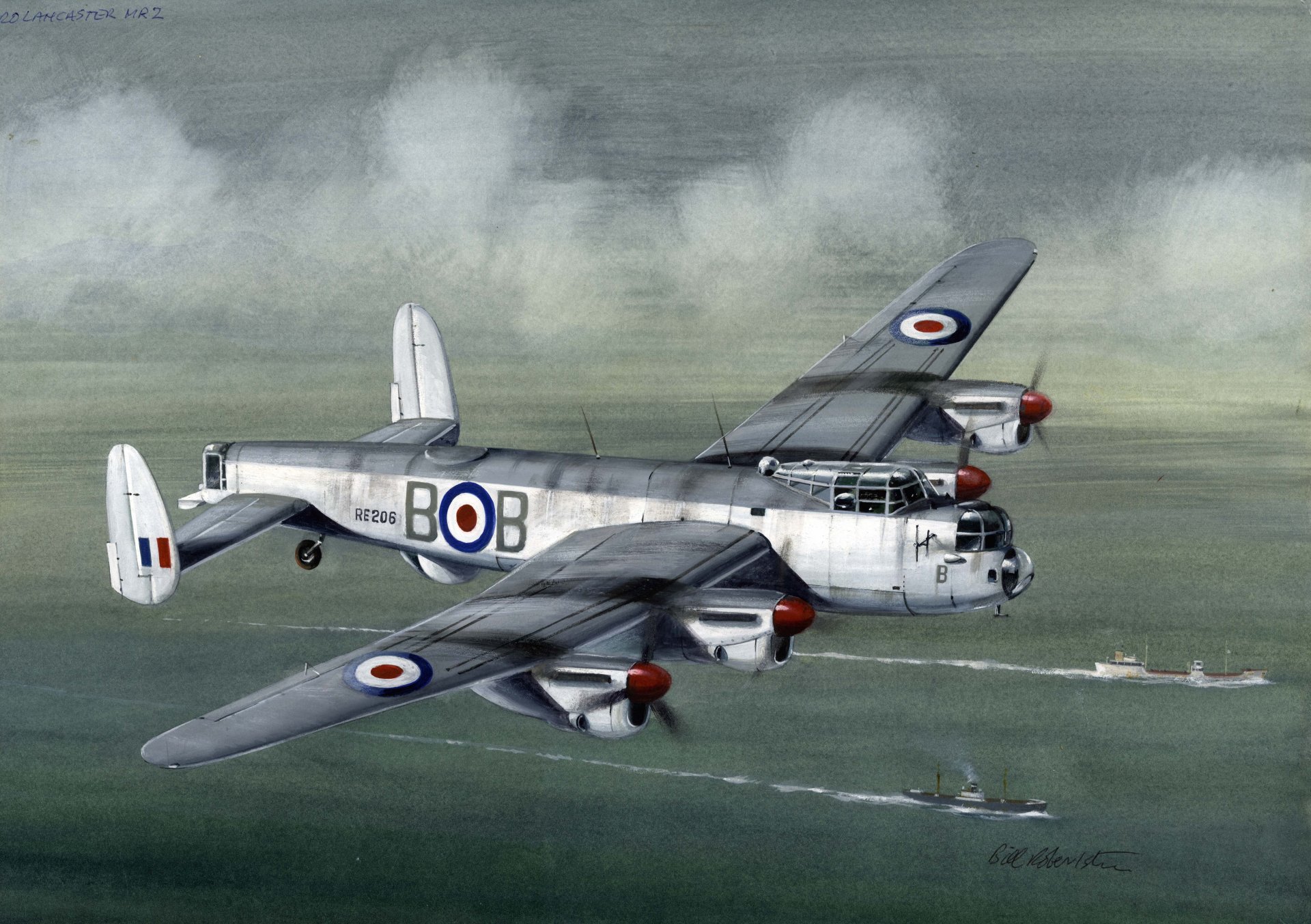 lancaster britannique bombardier ciel nuages vol mer navires art dessin