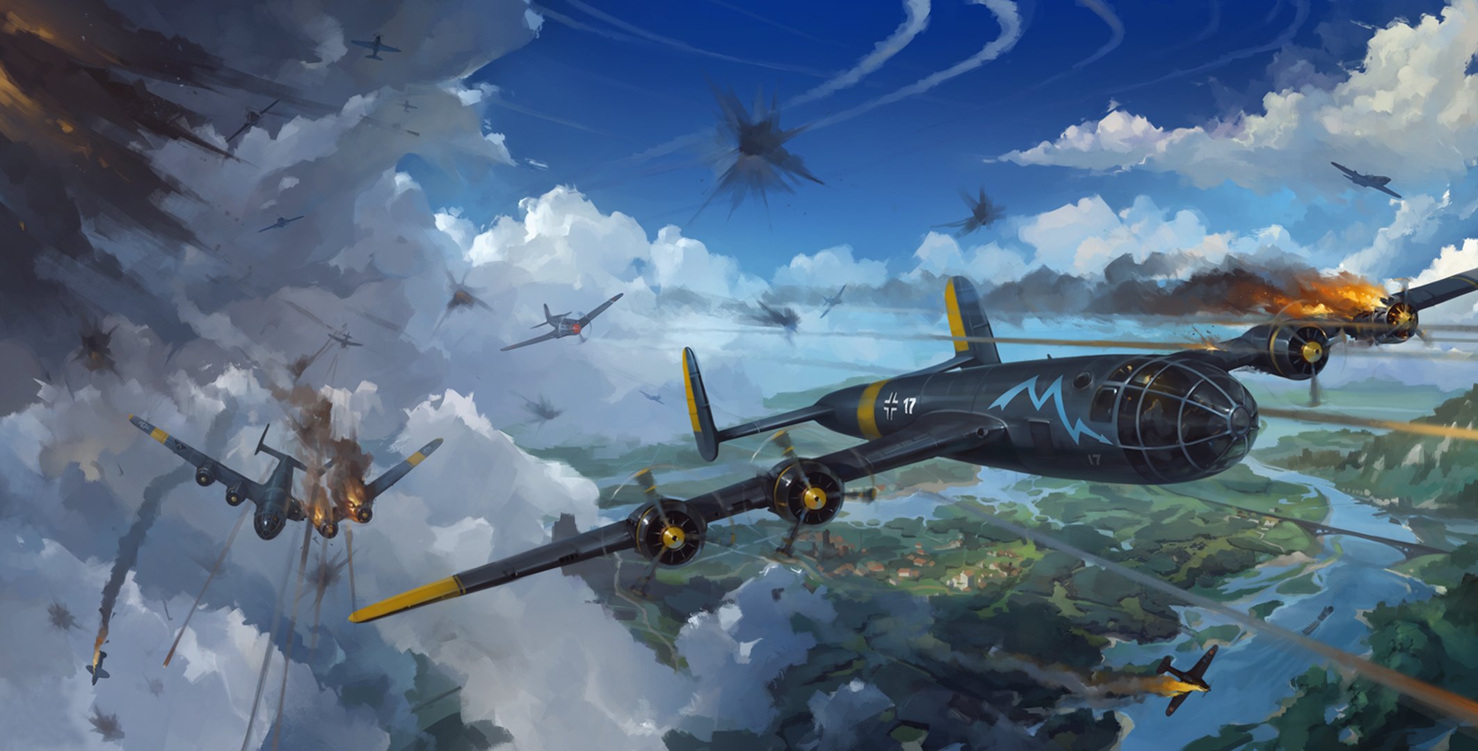 planes fight war sky battle clouds art land