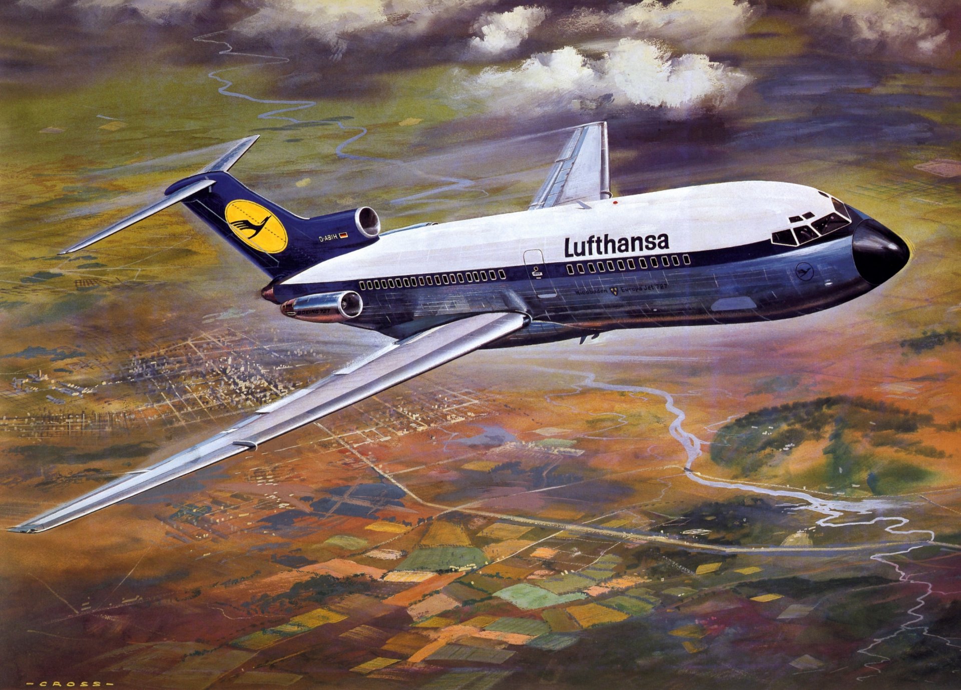 boeing b-727 samolot pasażerski prędkość miasto ziemia lufthansa.lufthansa sztuka rysunek