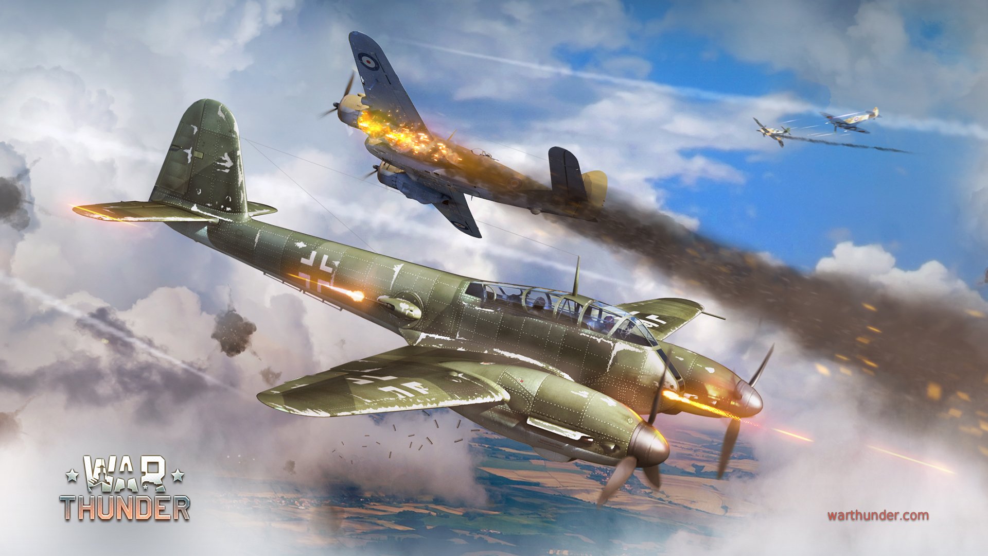 kunst krieg himmel messerschmitt mich.410 hornisse hornisse deutsch zweimotorig schwer kämpfer bomber bristol beaufighter britisch torpedo flamme wolken war thunder supermarine spitfire spitfire bf.109 schießen rauch