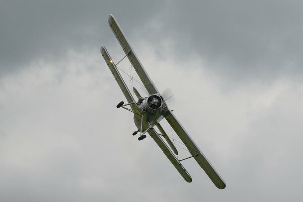 El avión multipropósito an-2 vuela en el cielo gris