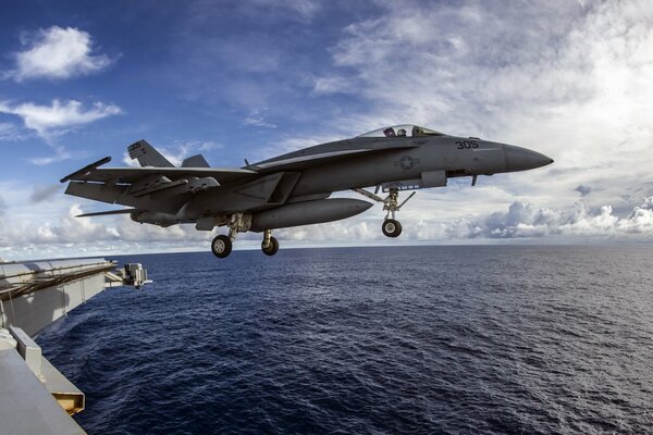 Military fighter takeoff over water