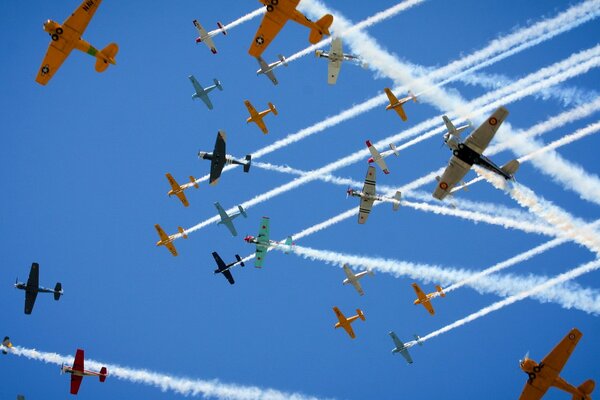 Colorful, bright planes on a celestial background