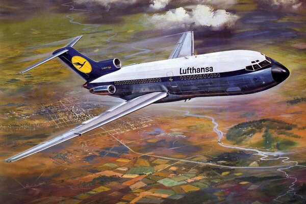 Boeing Lufthansa flies over the fields drawing