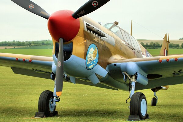 Warhawk Fighter en el campo de aviación para el fondo