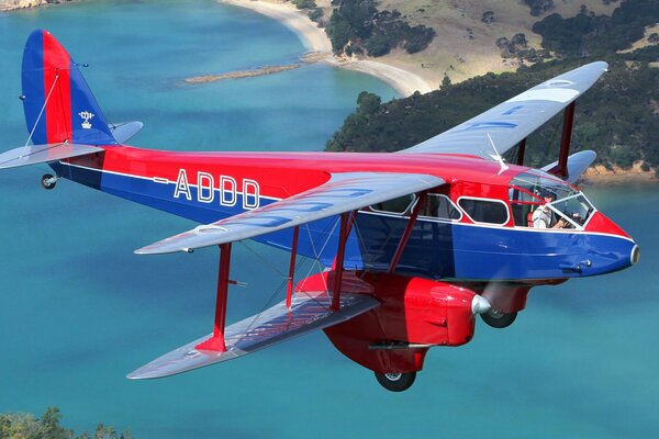 Avion beau et lumineux vole au-dessus de la mer