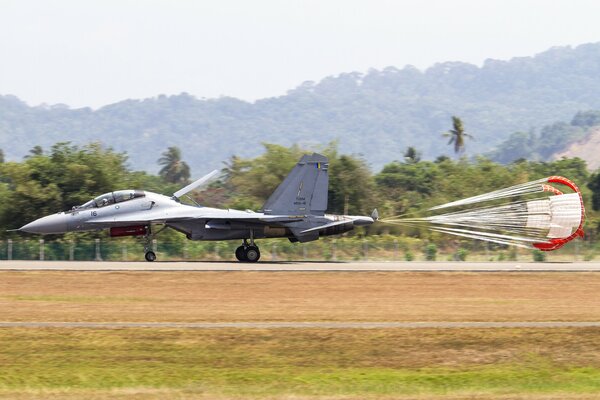 Strike fighter, landing on the background of a tropical forest