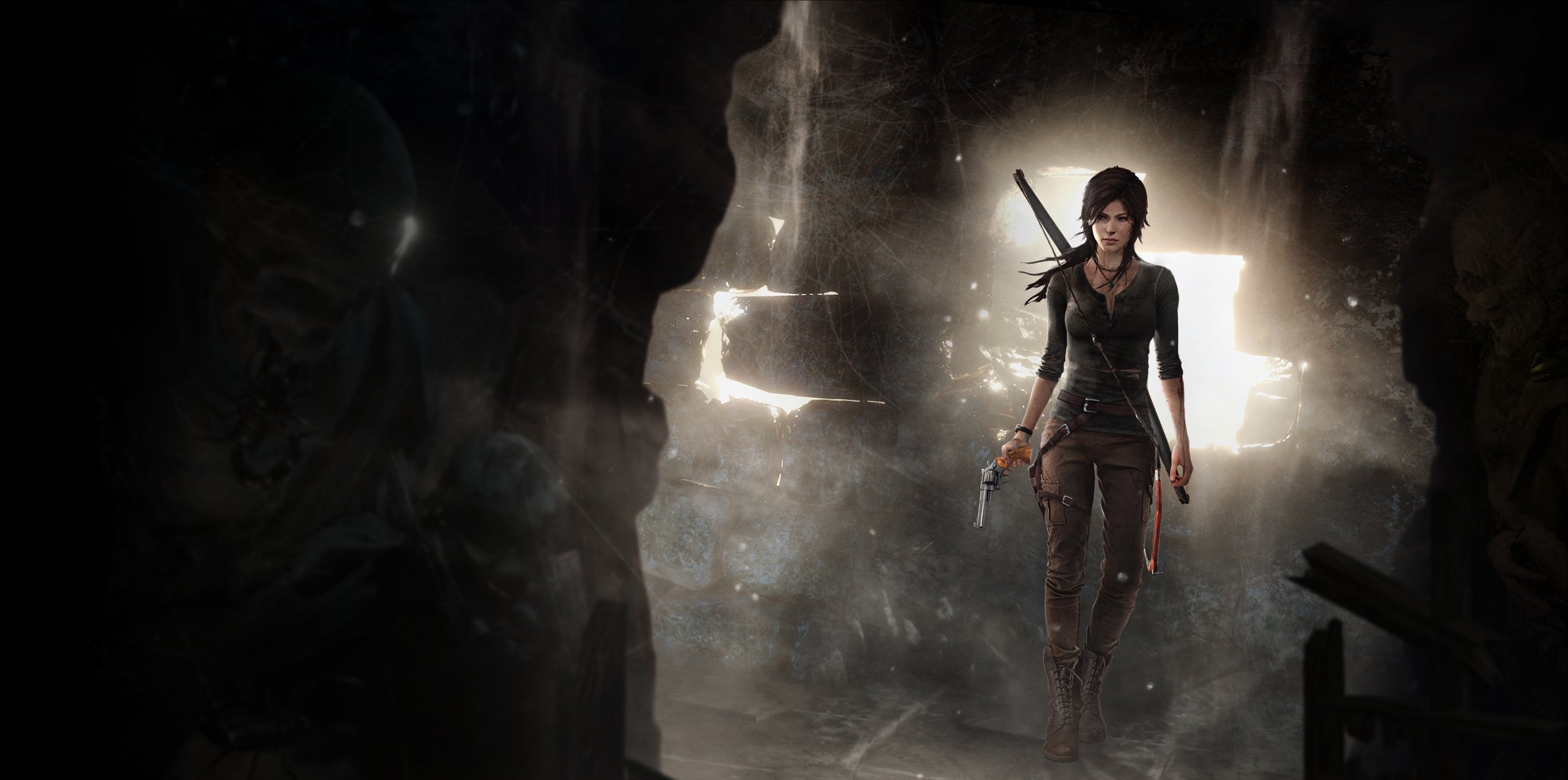 lara croft tomb raider cueva chica arco revólver esqueleto cráneo