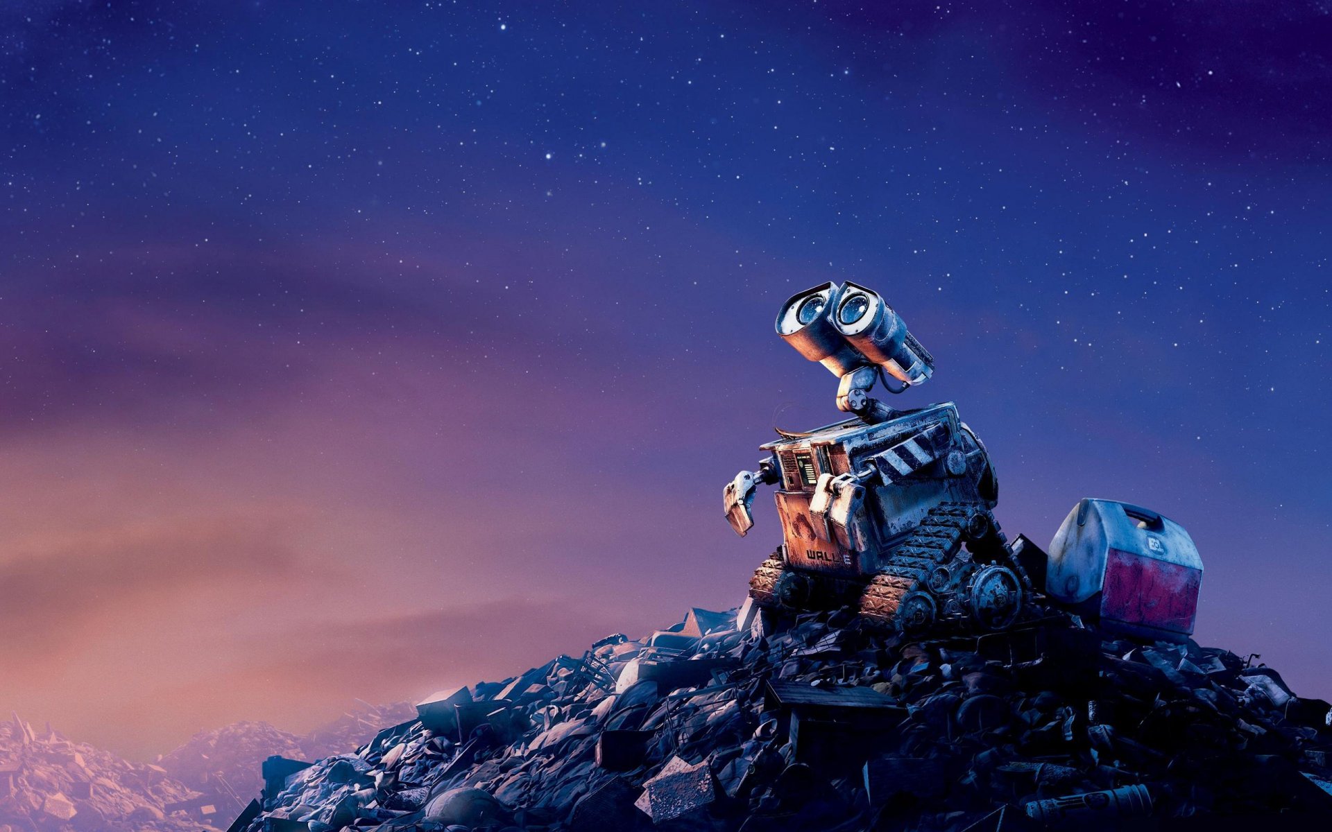 wall-e valley waste metal night sky sadness star cartoon film