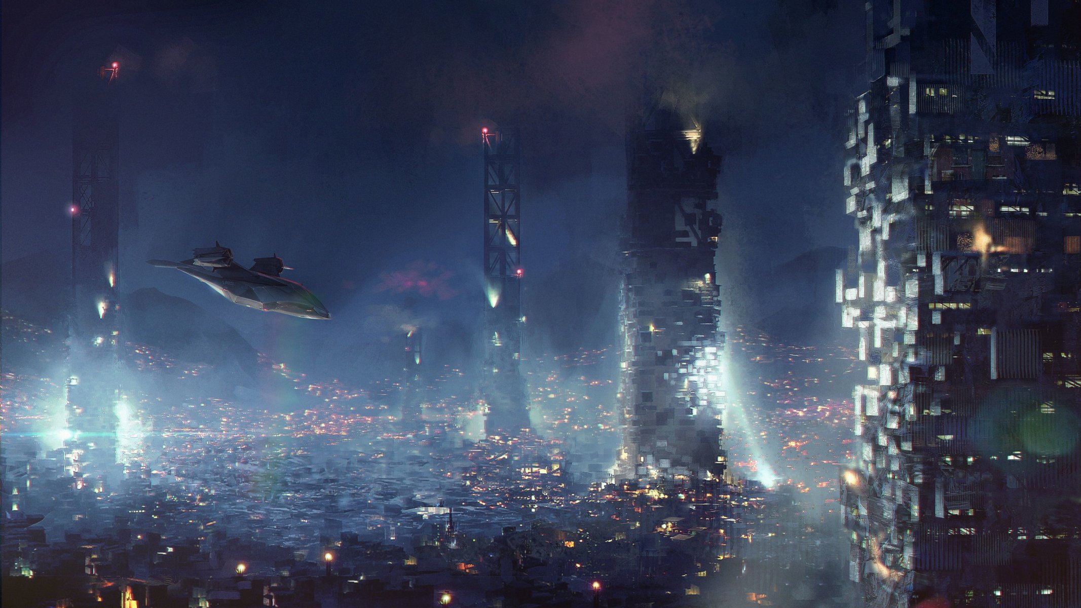 decollo e atterraggio verticale arte città fantascienza cyberpunk aereo deus ex deus ex: umanità divisa umanità divisa square enix eidos montreal golem city