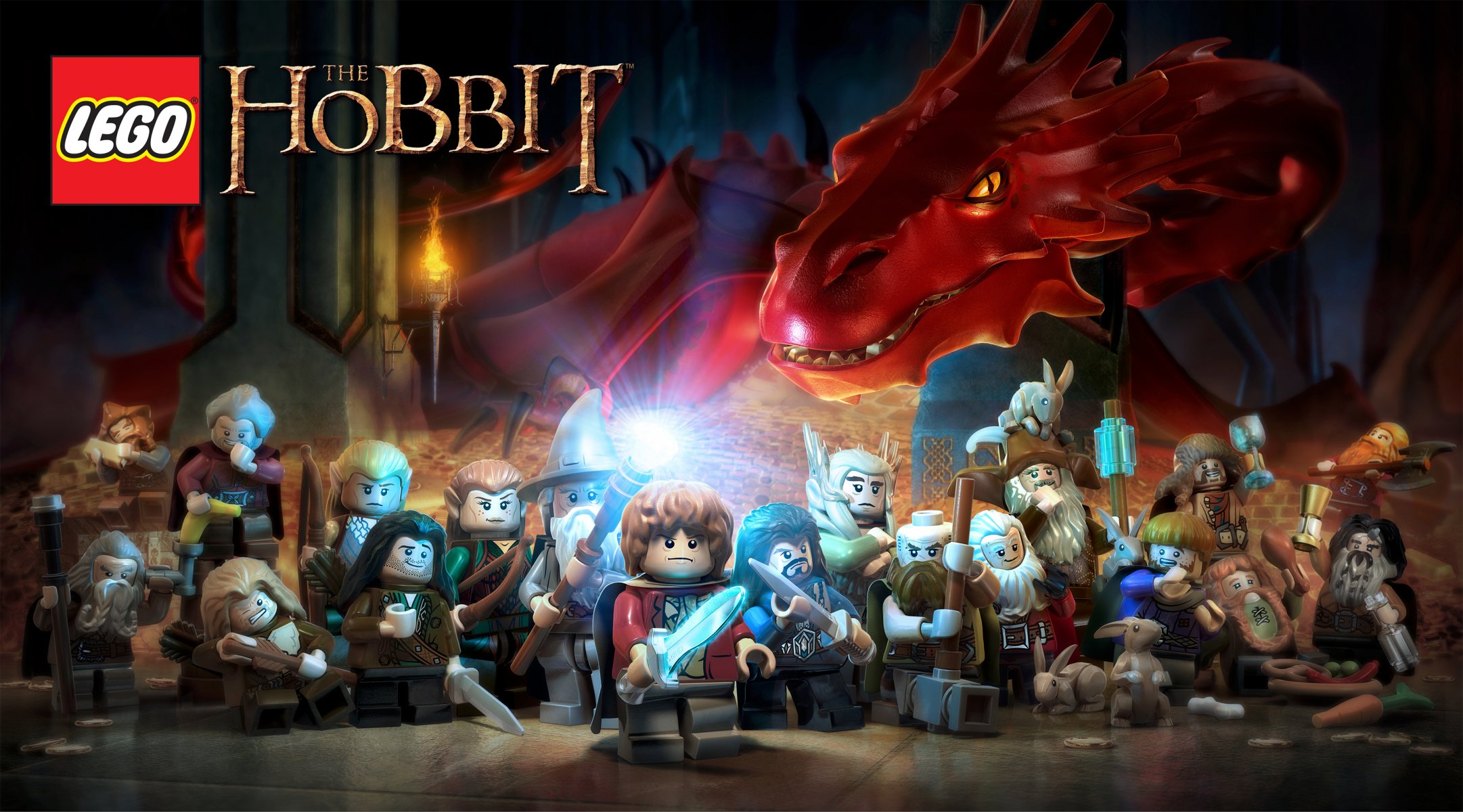 lego : hobbit lego zabawki bilbo beggins hobbit krasnoludy gandalf gandalf czarodziej laska miecze smok smog ogień łuk złoto legolas thorin tauriel logo logo tt games warner bros. interactive entertainment