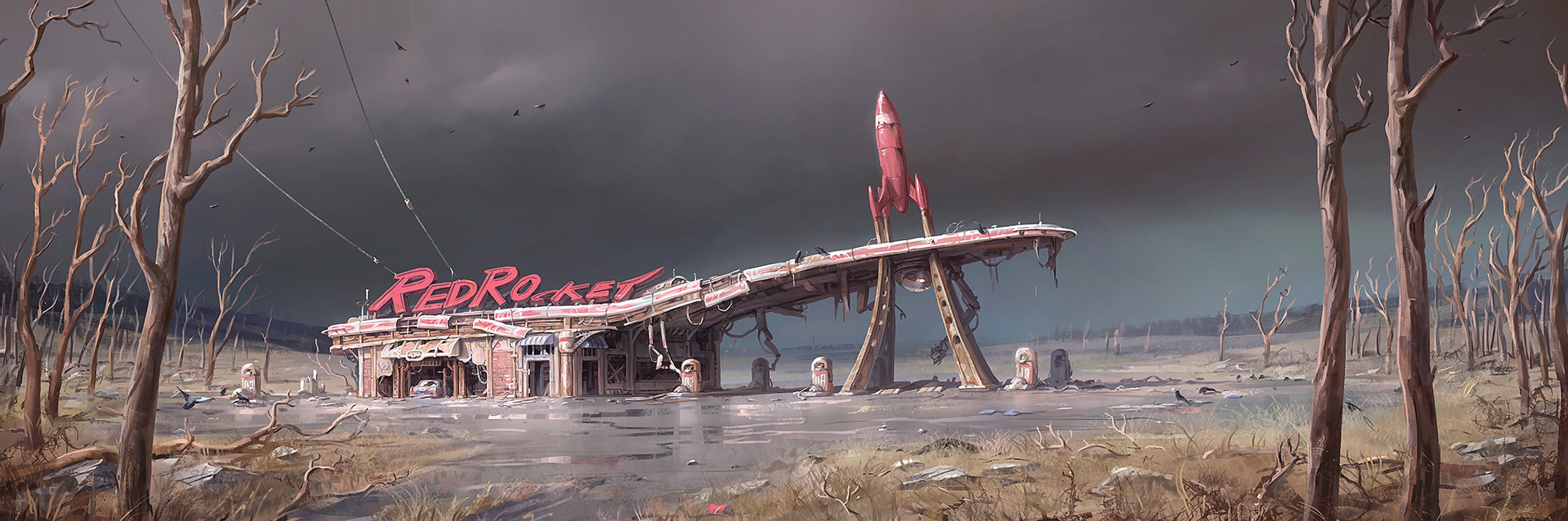 bethesda fallout 4 tankstelle kunst postapocalypse postapokalypse ödland konzeptkunst bäume