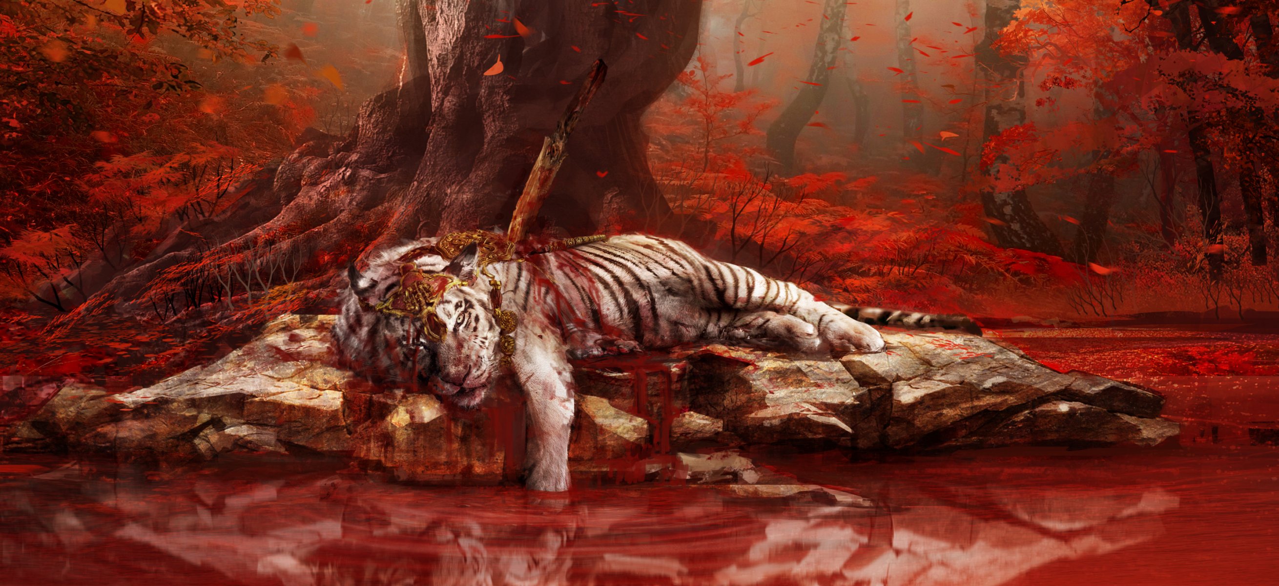 far cry 4 ubisoft tiger weißer tiger wasser steine dschungel bäume wunden blut seen reflexion dolch blick kirat