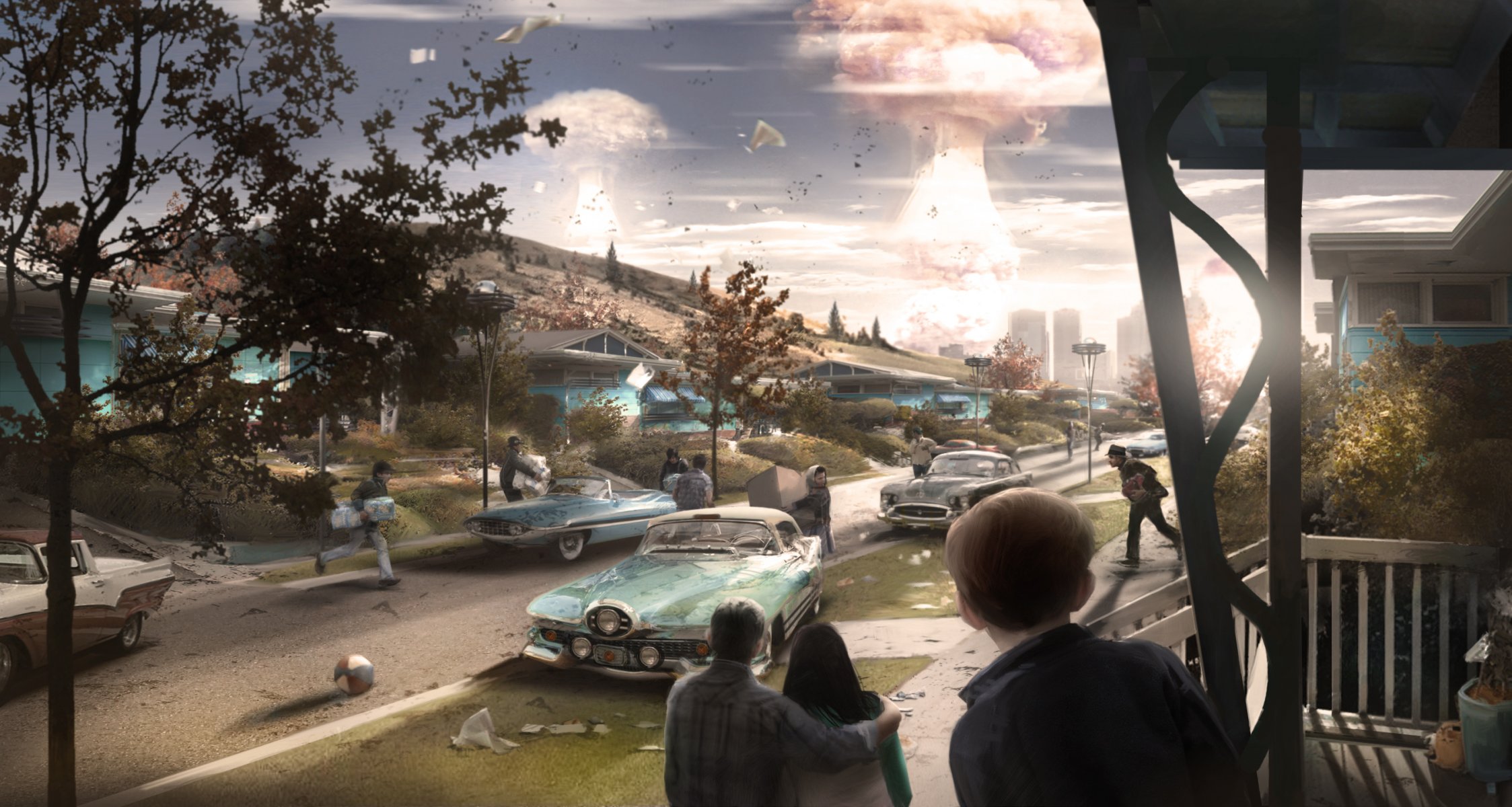 explosion atomique explosion ville rue maisons voitures personnes panique fallout 4 concept fallout concept art bethesda softworks bethesda