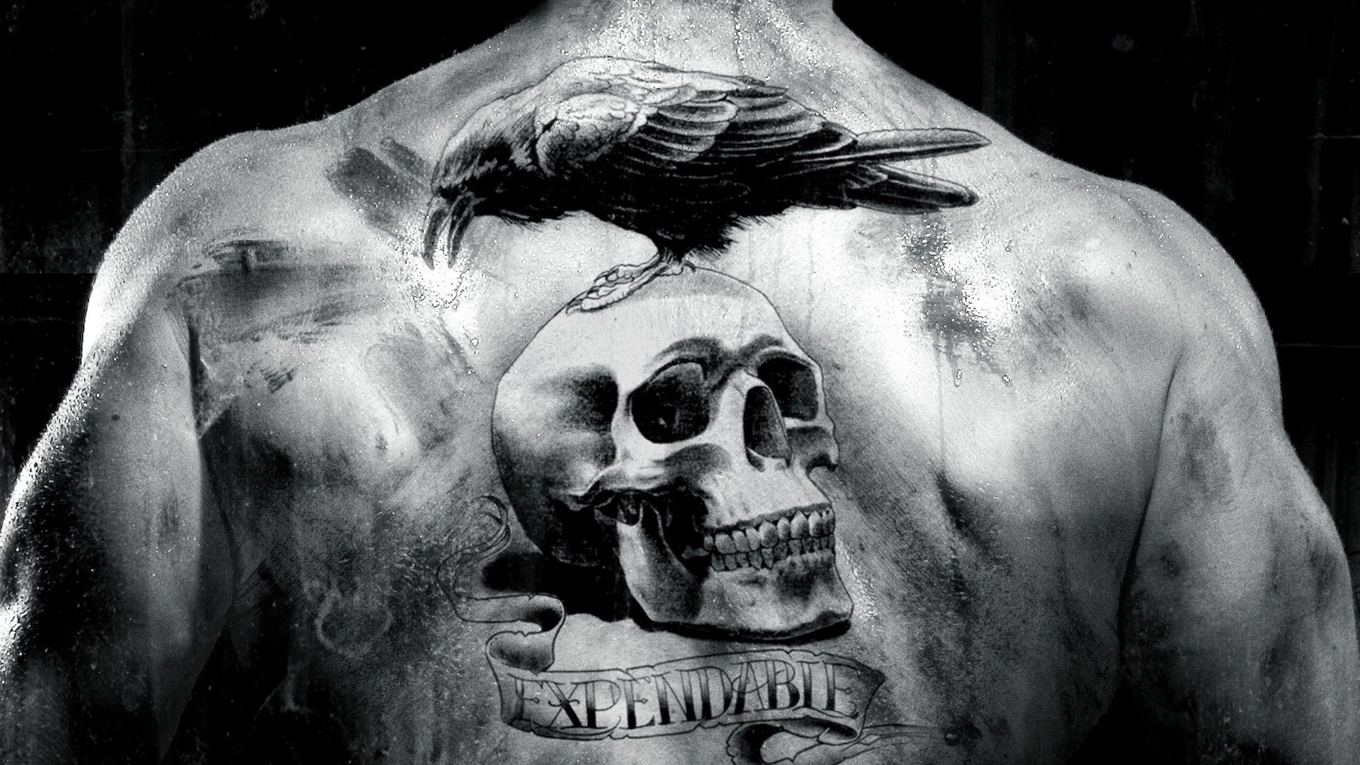 the expendables film raven skull spin tattoos black and white