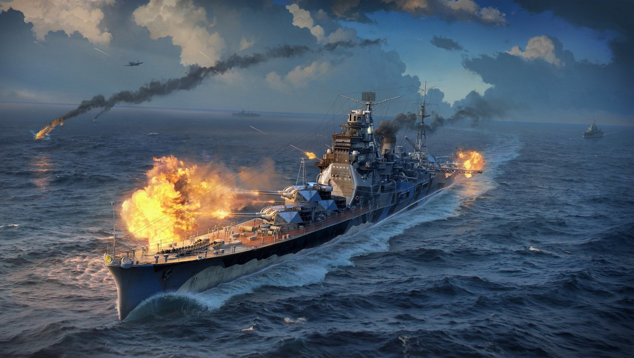 navires de guerre du monde wargaming net frappe navires du monde wp croiseur atago croiseur lourd atago navire vagues eau mer tir fumée lumière ciel nuages avions salve flamme feu