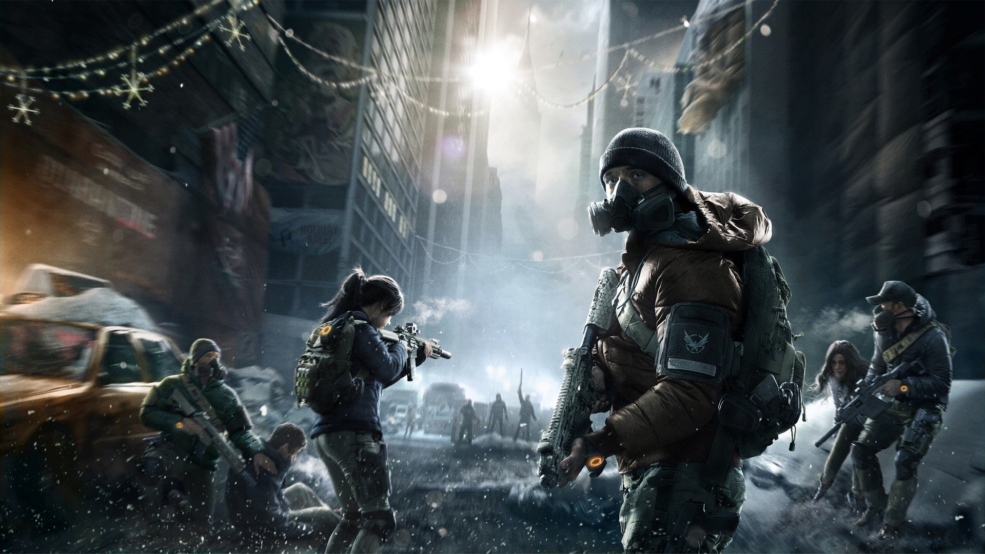 tom clancy división ubisoft entertainment ciudad edificios armas sobrevivientes personas luz humo letrero cielo nubes niebla rayos de luz invierno equipo situación apocalipsis respirador nieve máquina bandidos división