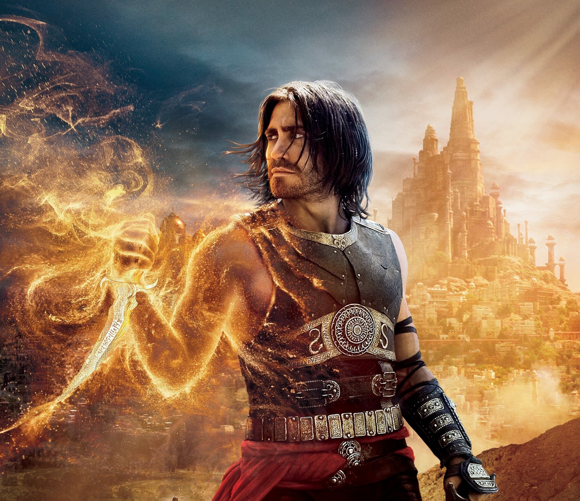 prince of persia the sands of time the movie a movie dastan dagger sand town tower of the dome minarets sun rays fire