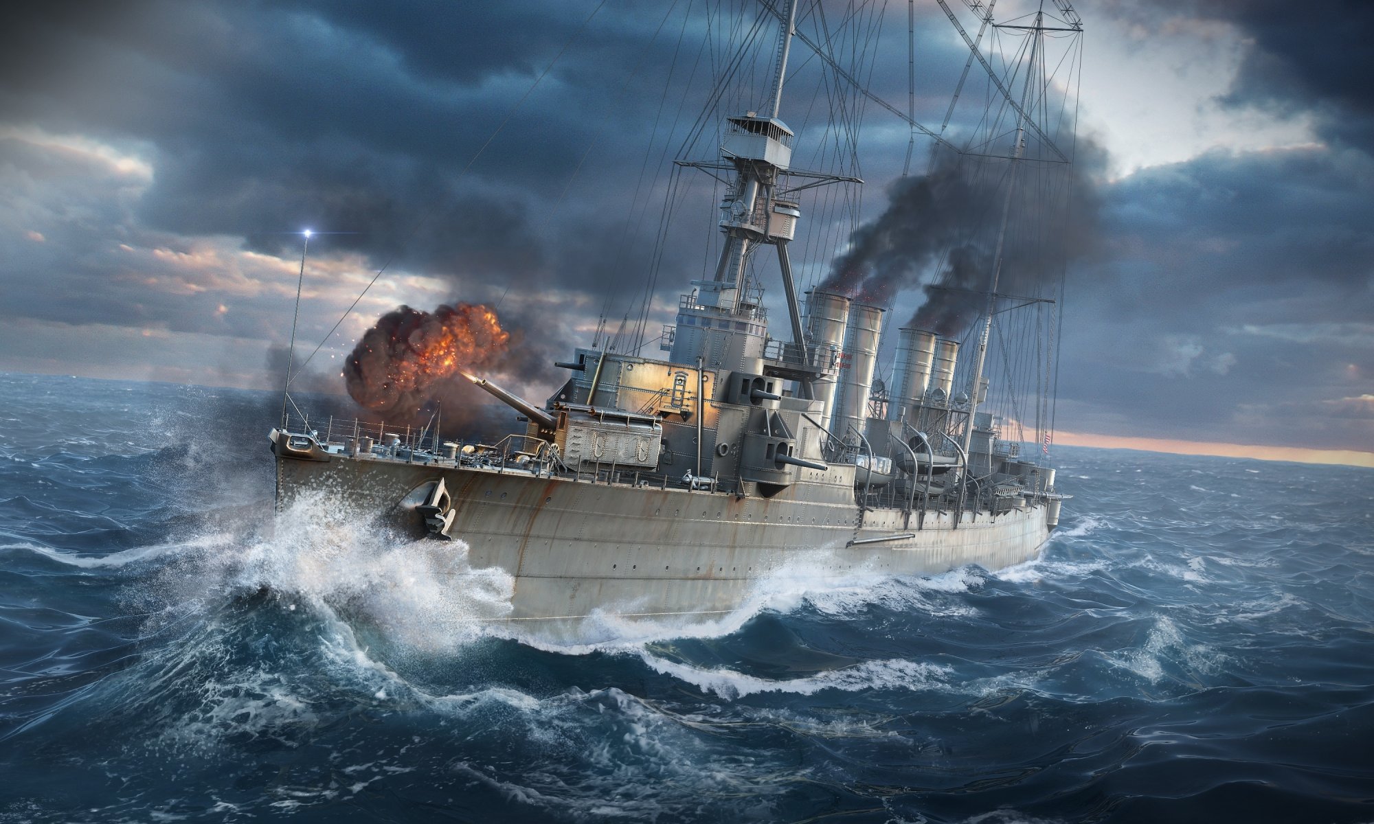 world of warships wargaming net wows ships world wg ship waves water sea shot smoke light sunset sky clouds cruiser