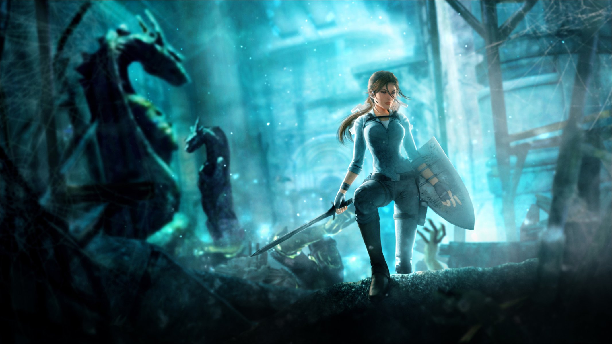 tomb raider underworld tomb raider: underworld ragazza scudo spada sguardo bellezza capelli