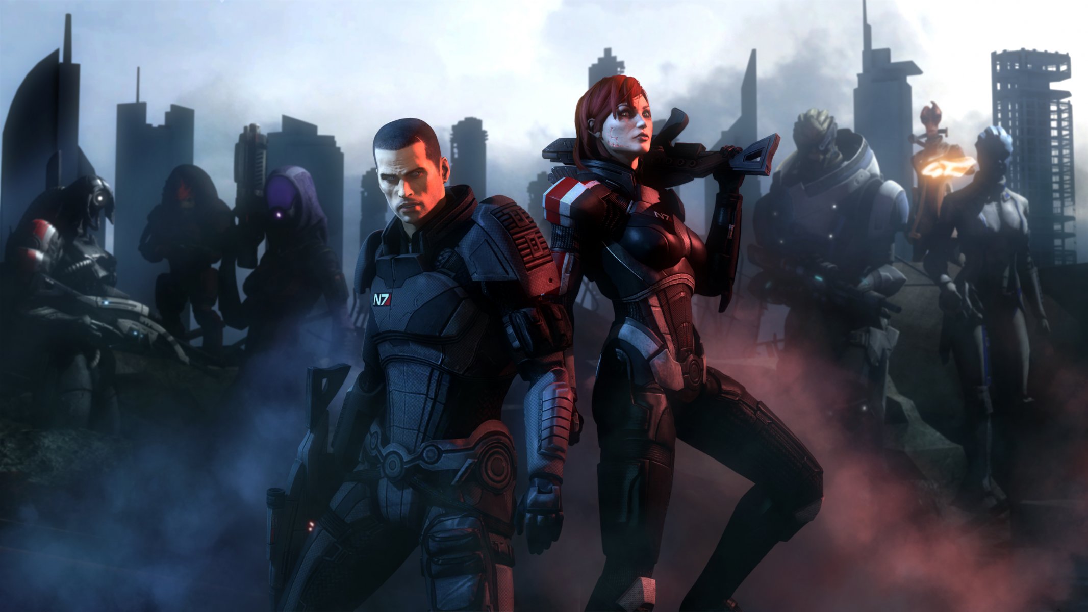 mass effect shepard garrus vakarian liara t soni azari geta légion armure rousse ville destruction ruines tali zora tali zora nar rayya quarianka turianka urdnot rex krogan mercenaire chasseur de primes salarien mordin solu