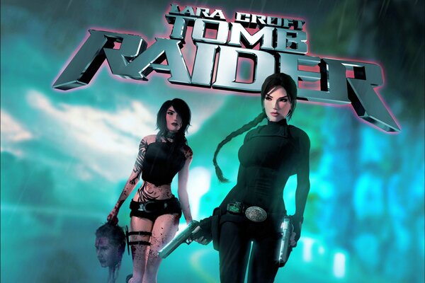 Tomb raider Lara Croft i sobowtór z pistoletem