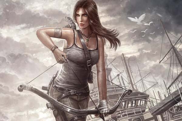 Lara Croft en un barco con arco y flecha