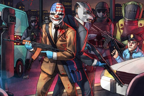 Comic art with characters from payday 2