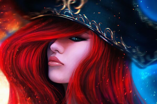 A girl with red hair in a pirate hat on a fiery background