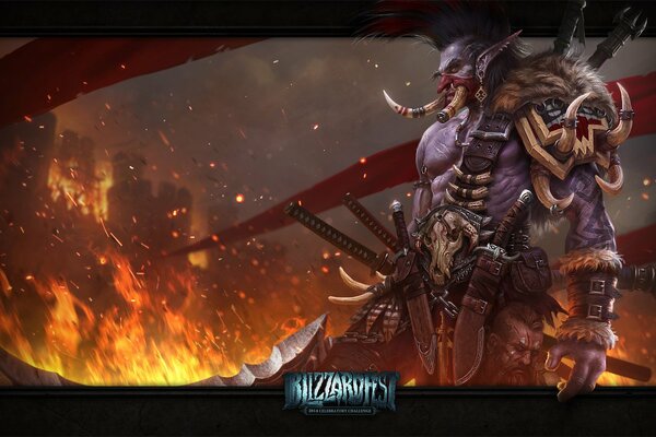 Troll mit Waffen aus der Welt von Warcraft mit Flammen