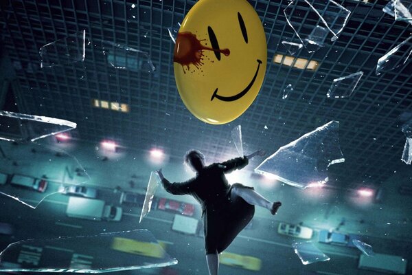 A bloody smiley face over a jumping man