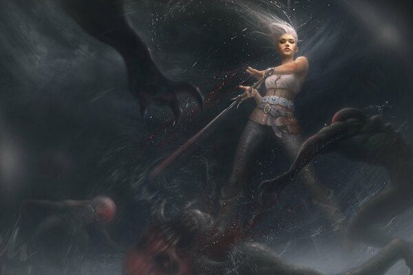 Witcher girl kills monsters