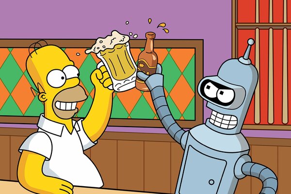 Simpson drinks beer in a bar with a robot